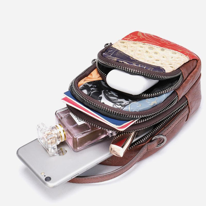 Handytasche für Damen, Umhängetasche aus Leder mit zufälligen Nähten und Farbe