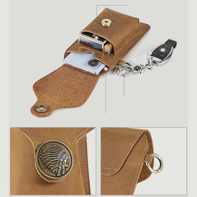 Vintage Leder Flip Handytasche Gürteltasche mit Zigarettenfach