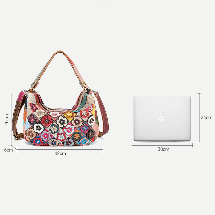 Mehrfarbige Boston-Tasche aus echtem Leder mit Blumenmuster, Hobo-Tragetasche, Umhängetasche