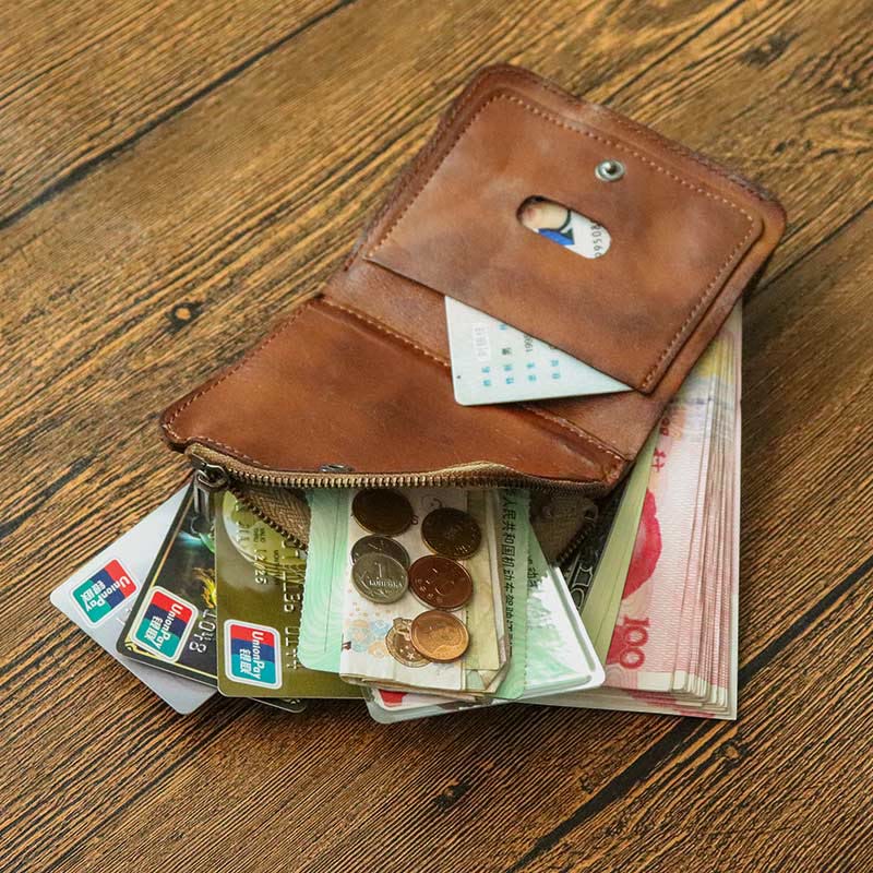 Ledergeldbörse für Herren, doppelt faltbar, Vintage, kurze Geldbörse mit Reißverschluss - image 5