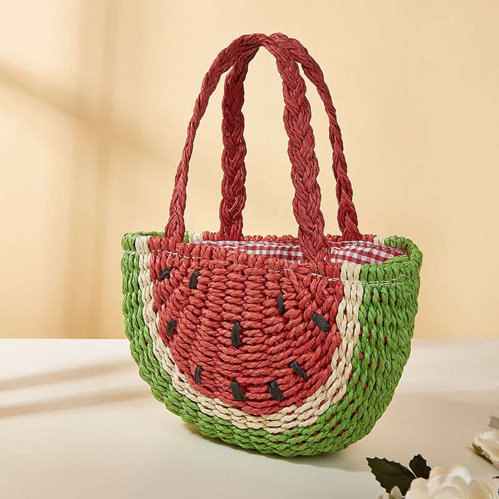 Strandtasche für Damen, tragbare Umhängetasche aus Stroh mit Wassermelonenmuster