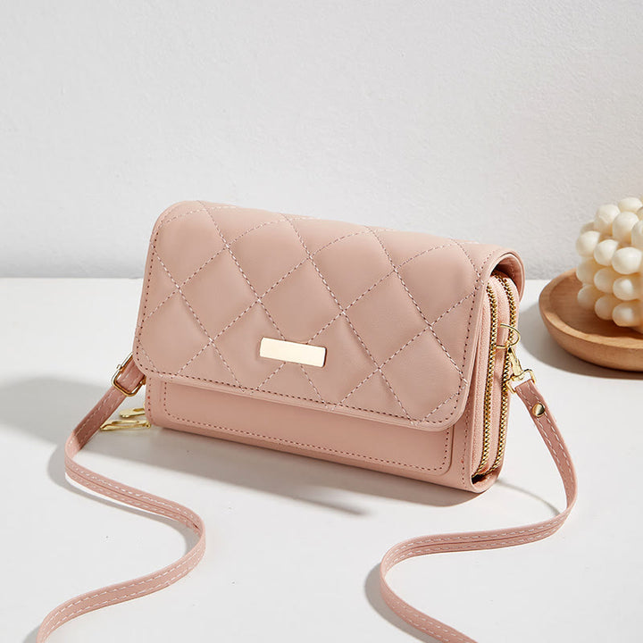 Handytasche mit doppeltem Reißverschluss, gesteppte Umhängetasche, Geldbörse, Clutch
