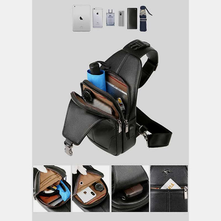 Sling-Brusttasche aus Leder mit mehreren Taschen für Männer mit USB-Ladeanschluss