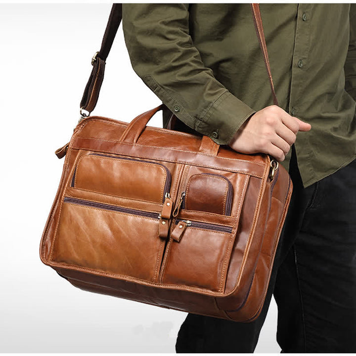 Aktentasche aus echtem Leder für Herren, 15,6 Zoll, Business-Laptoptasche mit Umhängegurt