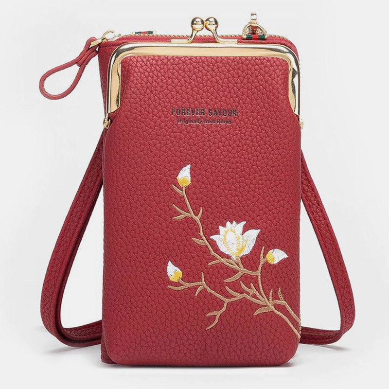 Elegante Umhängetasche fürs Handy mit mehreren Fächern und Blumenstickerei