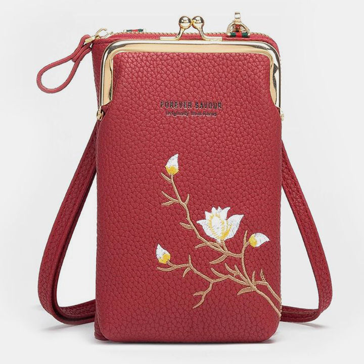 Elegante Umhängetasche fürs Handy mit mehreren Fächern und Blumenstickerei