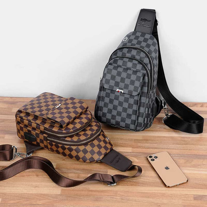 Mehrzweck-Schultertasche aus lässigem, kariertem Leder für Herren, Umhängetasche, Schulterrucksack