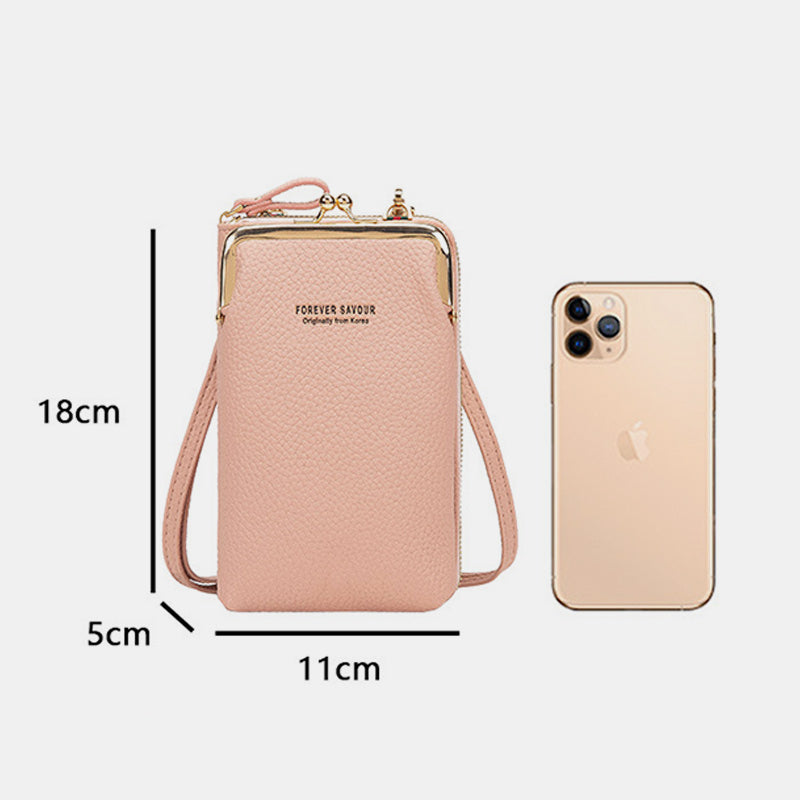 Elegante Umhängetasche fürs Telefon mit mehreren Fächern und transparentem Fenster