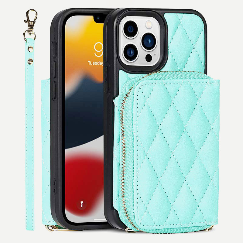 iPhone-Handyhülle, gestepptes Leder, Brieftaschen-Hülle, Kartenhalter mit Umhängegurt