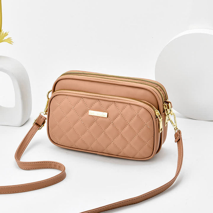 Umhängetasche mit drei Reißverschlüssen, gestepptes Leder, Schultertasche für Damen