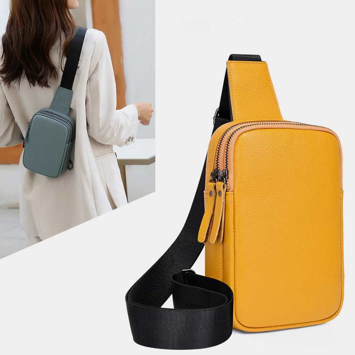 Schultertasche aus echtem Leder mit doppeltem Reißverschluss für Damen, wasserdichte Umhängetasche für Handys