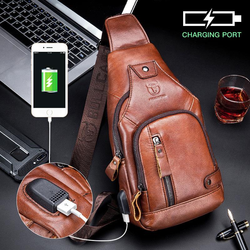 Schultertasche aus echtem Leder mit USB-Ladefunktion