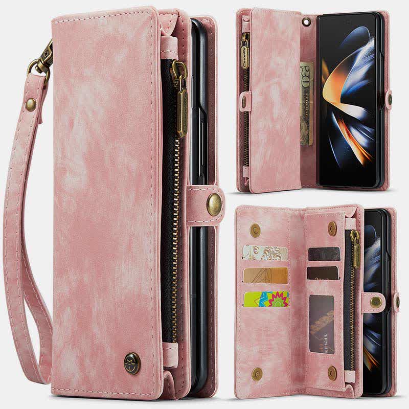 Robuste magnetische Leder-Brieftaschenhülle für Z Fold 4 mit Handschlaufe