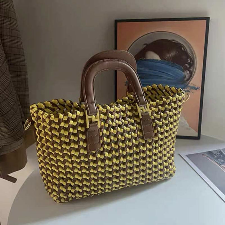 Handtasche für Damen, gewebte Umhängetasche aus Leder mit großem Fassungsvermögen