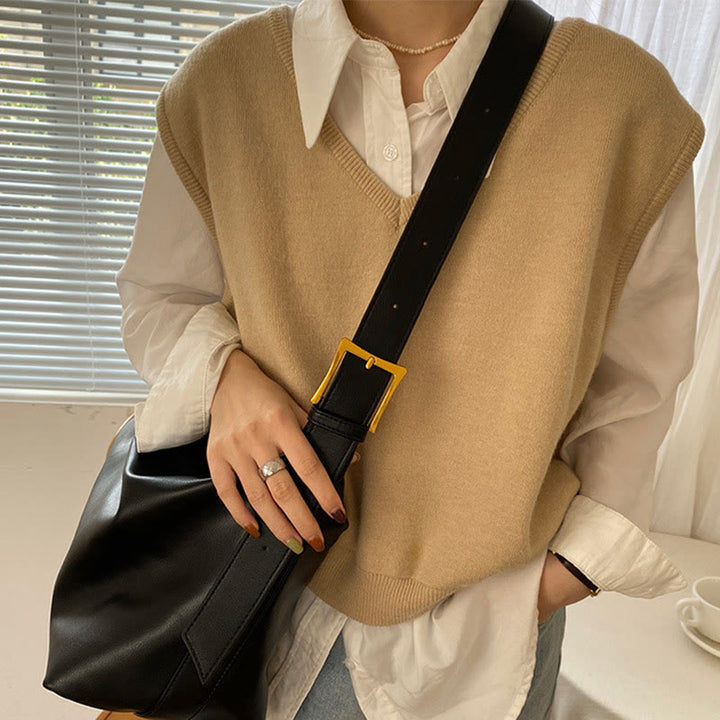 Damen Handtasche aus weichem Leder mit breiten Riemen, Vintage-Umhängetasche