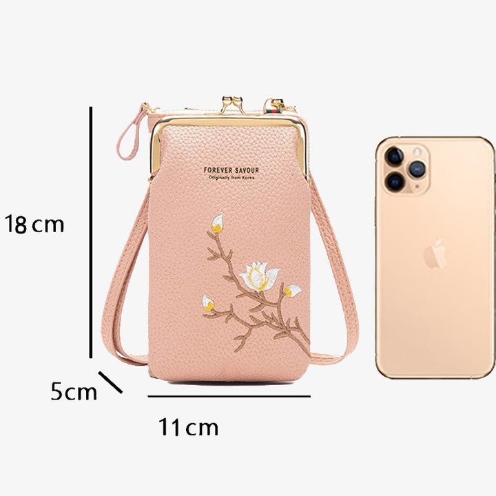 Elegante bestickte Handytasche Damen Mini Crossbody Leder Geldbörse
