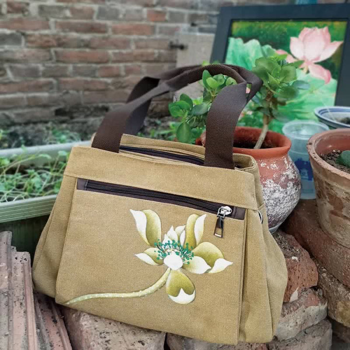 Handtasche aus Segeltuch mit drei Fächern und Blumendruck, Umhängetasche