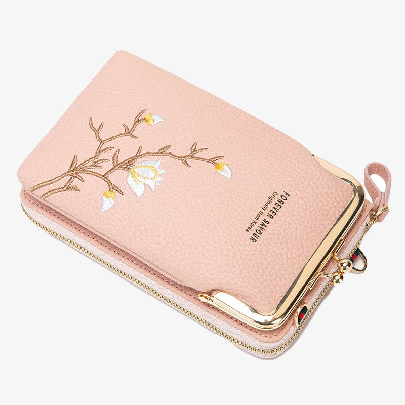 Elegante bestickte Handytasche Damen Mini Crossbody Leder Geldbörse