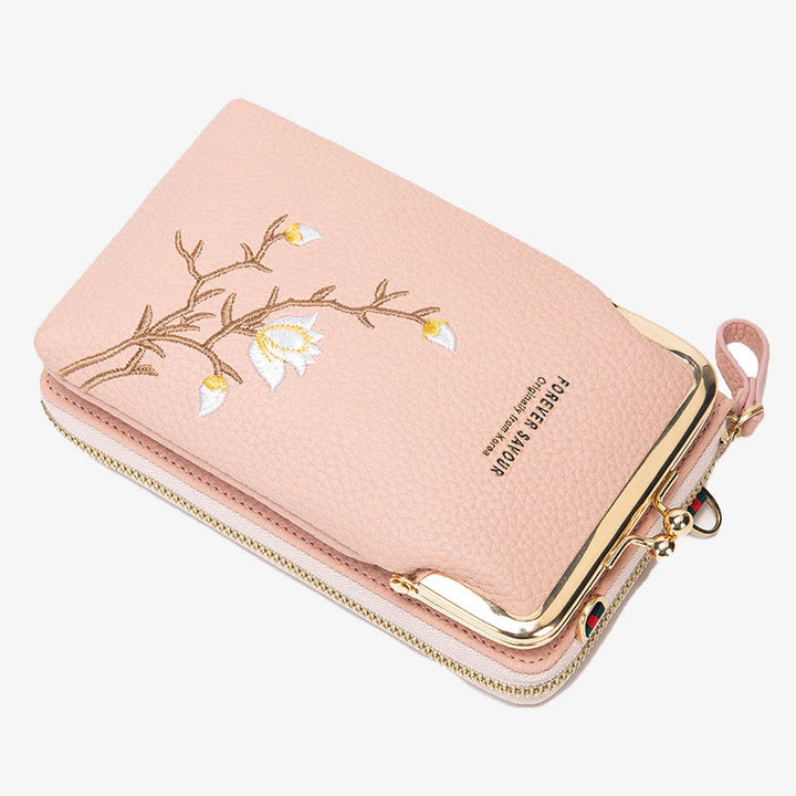 Elegante bestickte Handytasche Damen Mini Crossbody Leder Geldbörse