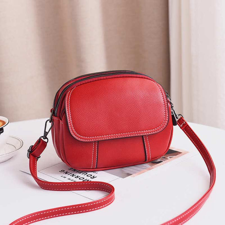 Kleine Umhängetasche mit dreifachem Reißverschluss, Leder, Handy-Geldbörse, Schultertasche