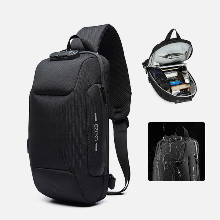 Modische Schultertasche mit mehreren Taschen, Brusttasche mit Passschloss und USB-Ladeanschluss