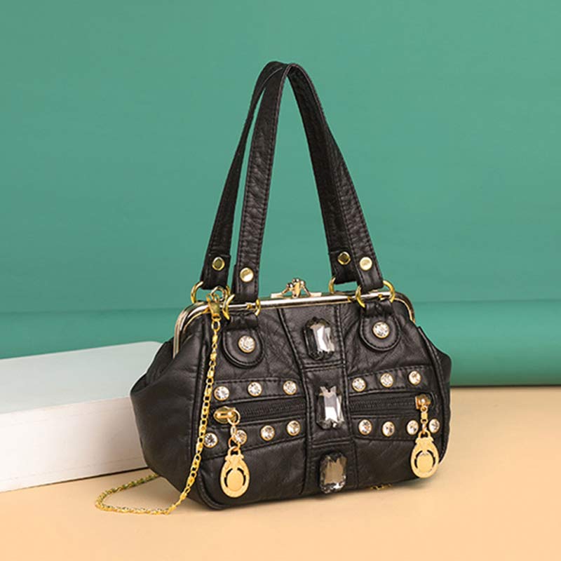 Retro Doppellagige Kiss-Lock Schulterhandtasche Party Abendtasche mit Umhängekette