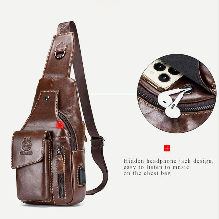 Brusttasche aus echtem Leder mit mehreren Taschen und USB-Ladeanschluss