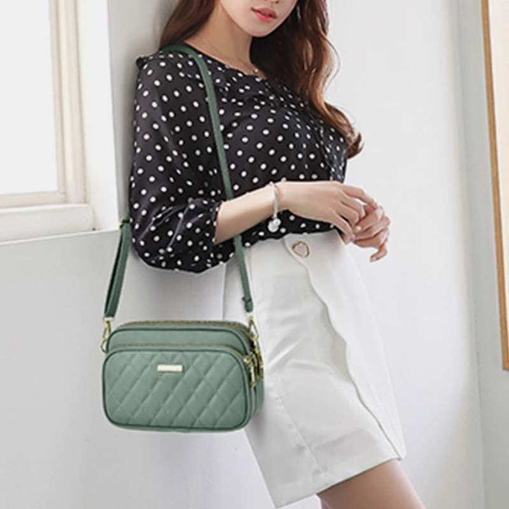 Umhängetasche mit drei Reißverschlüssen, gestepptes Leder, Schultertasche für Damen