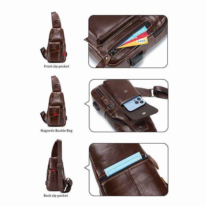 Brusttasche aus echtem Leder mit mehreren Taschen und USB-Ladeanschluss