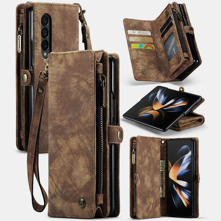 Robuste magnetische Leder-Brieftaschenhülle für Z Fold 4 mit Handschlaufe