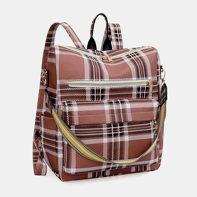 Multifunktionaler, lässiger Damen-Rucksack, Tagesrucksack aus Leder mit kariertem Muster und Schultergurt