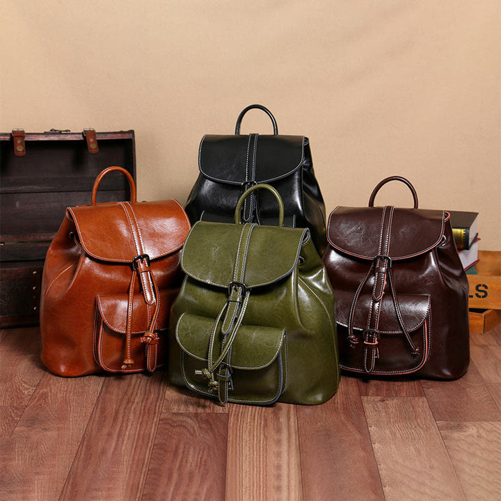 Klassischer Tagesrucksack für Damen, Ausflugsrucksack aus Leder mit Kordelzug
