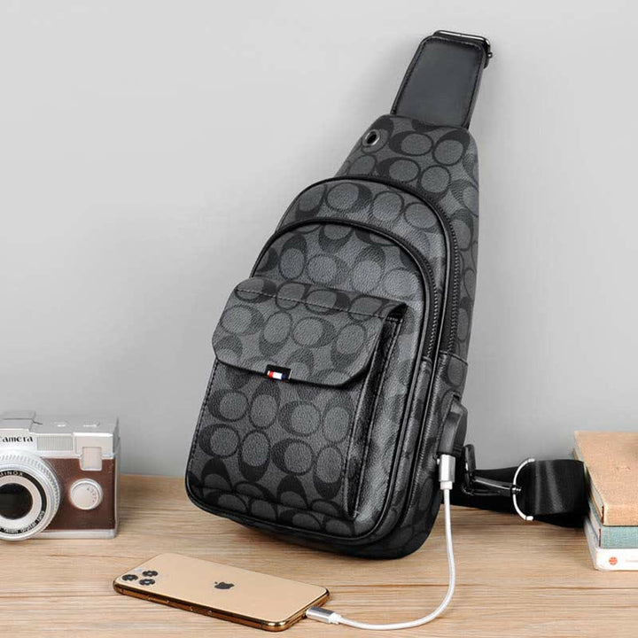 Lässiger Tagesrucksack aus Leder, Schultertasche, Brusttasche mit USB-Ladeanschluss