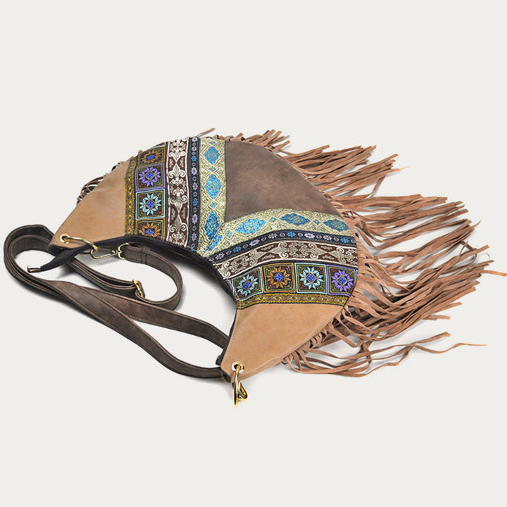 Umhängetasche für Damen, Reisetasche aus Leder im ethnischen Stil mit Quaste