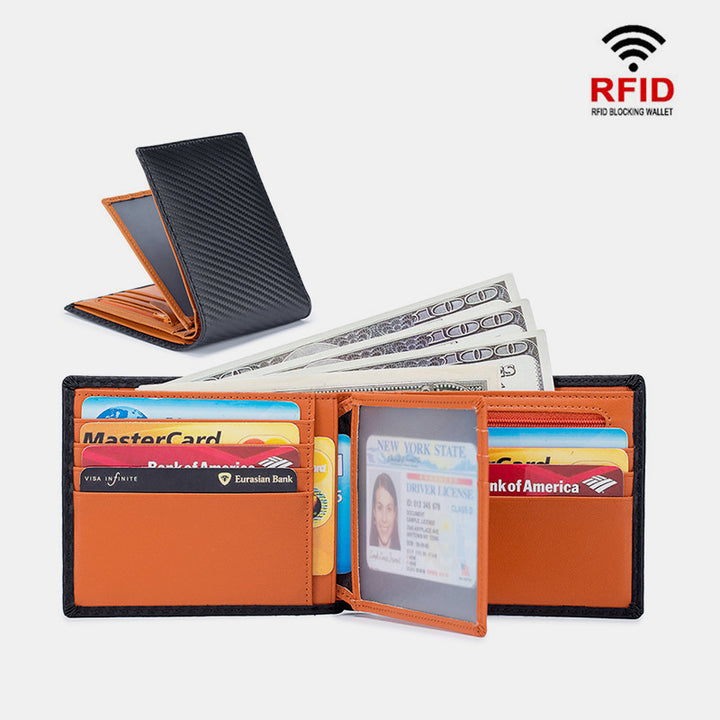 RFID Multi-Slot Prägung Echtes Leder Dreifach gefaltete Super Slim Kurze Brieftasche