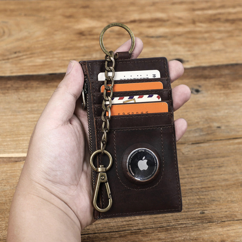 RFID-blockierende Airtag-Kartenetui aus echtem Leder mit Kette