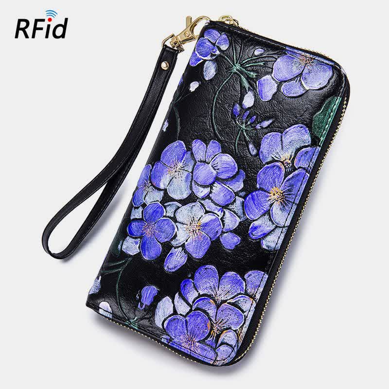 RFID-Geldbörse aus echtem Leder mit Vintage-Blumenprägung