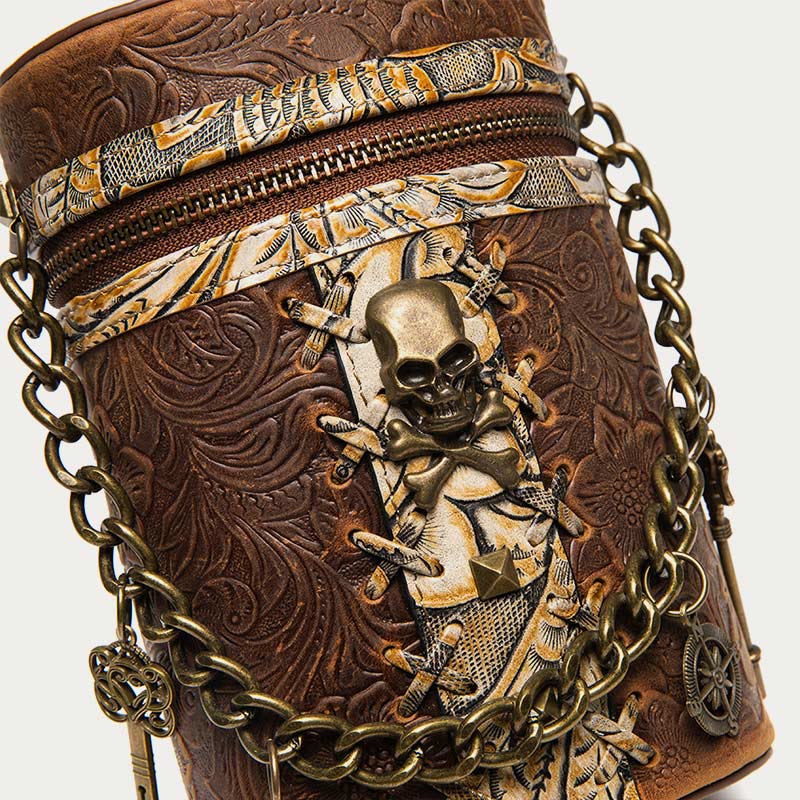 Vintage Umhängetasche Ausgefallene Totenkopf Design Leder Bucket Bag
