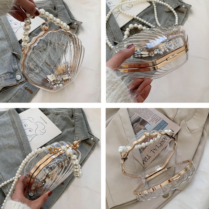 Umhängetasche für Damen mit Perlenkette und Clip, transparente Tasche