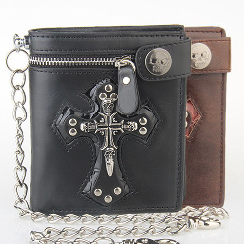 Herren-Geldbörse aus Leder mit Gothic-Totenkopf-Kreuz und langer Metallkette
