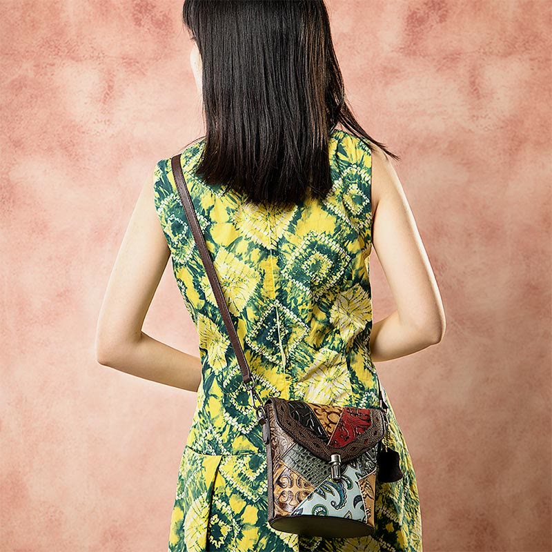Handytasche für Damen, Vintage, Folk-Custom, Umhängetasche aus Rindsleder