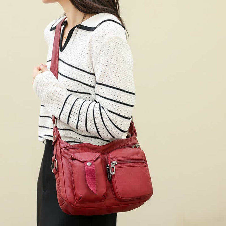 Damen Umhängetasche aus weichem Leder mit zwei Fächern, geräumige Handtasche, Schultertasche