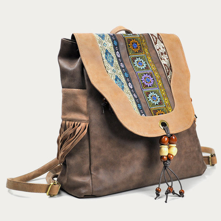 Rucksack für Damen im ethnischen Stil mit Druck und Quaste, Tagesrucksack aus Leder