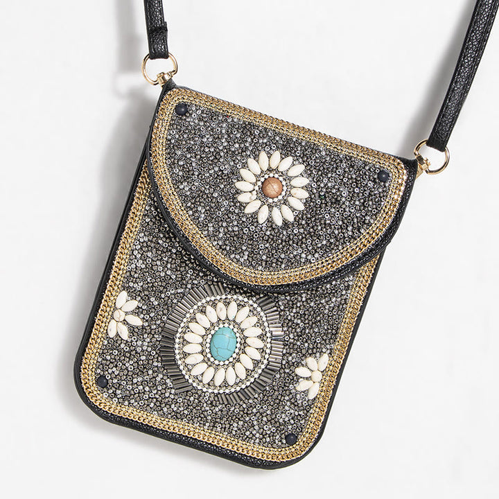 Bohemian Handytasche Damen Muschel Blumen Muster Magnetische Umhängetasche
