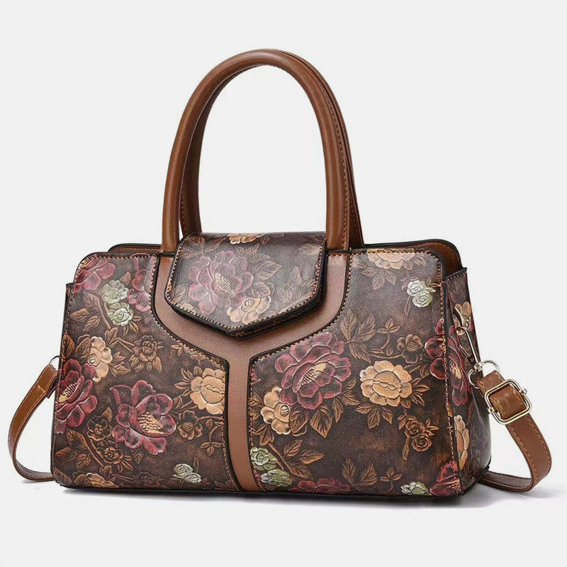 Retro Floral Emboss Handtasche Damen Horizontale Umhängetasche aus Leder