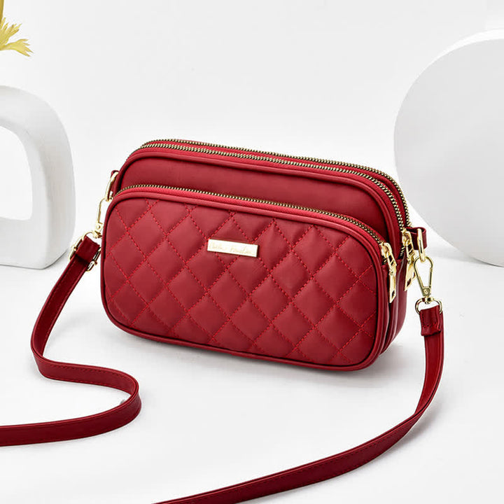 Umhängetasche mit drei Reißverschlüssen, gestepptes Leder, Schultertasche für Damen