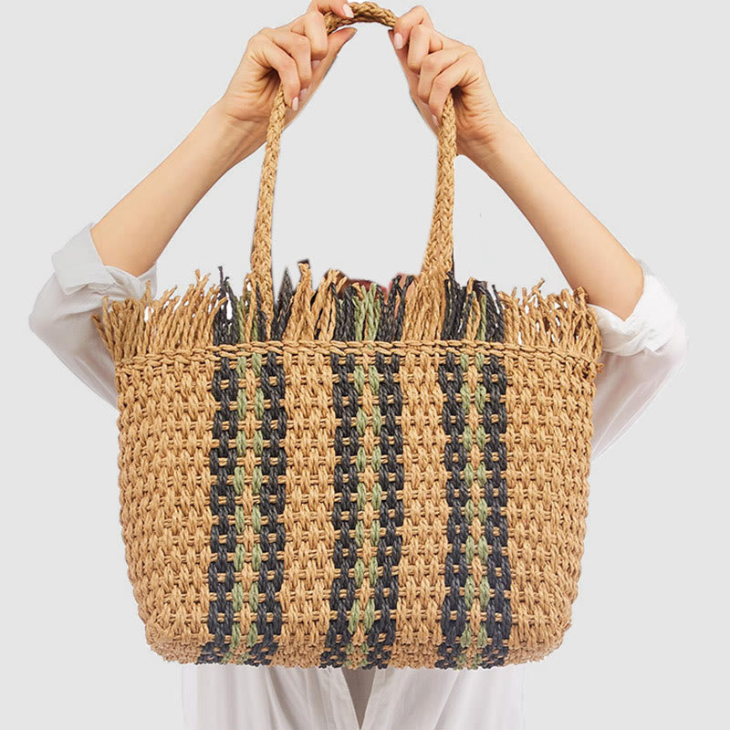 Tragetasche für Damen, lässige Strandtasche aus Stroh mit vertikalen Streifen