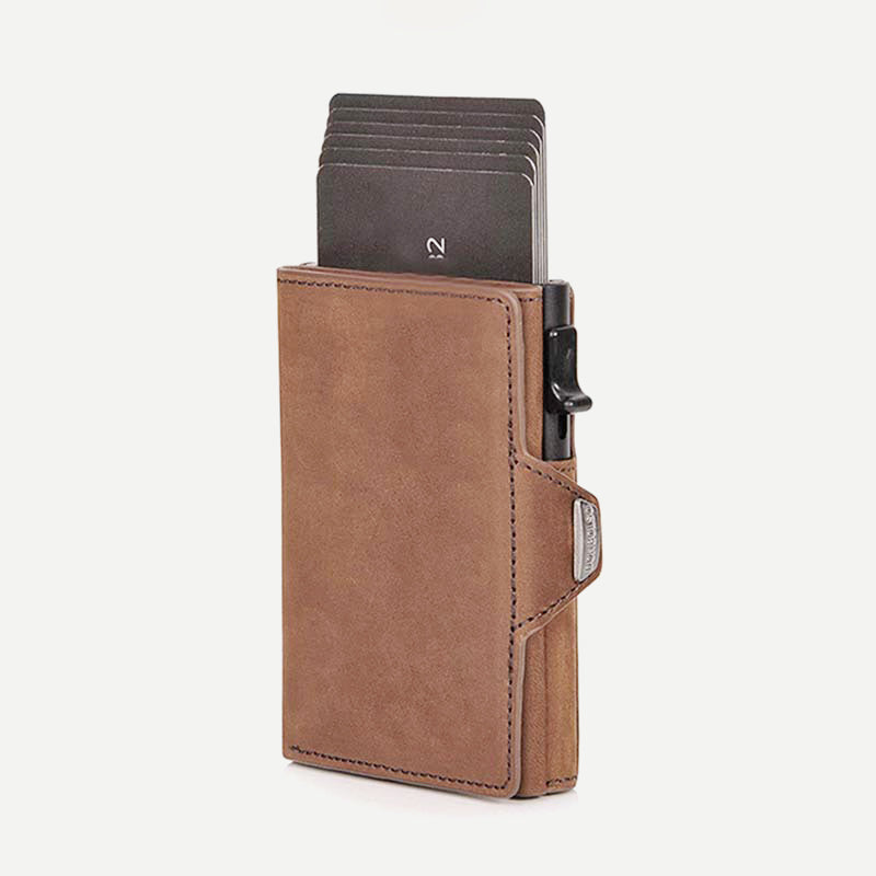 Minimalistische Geldbörse aus echtem Leder, dreifach faltbar, Pop-Up-Kartenhalter mit RFID-Blockierung