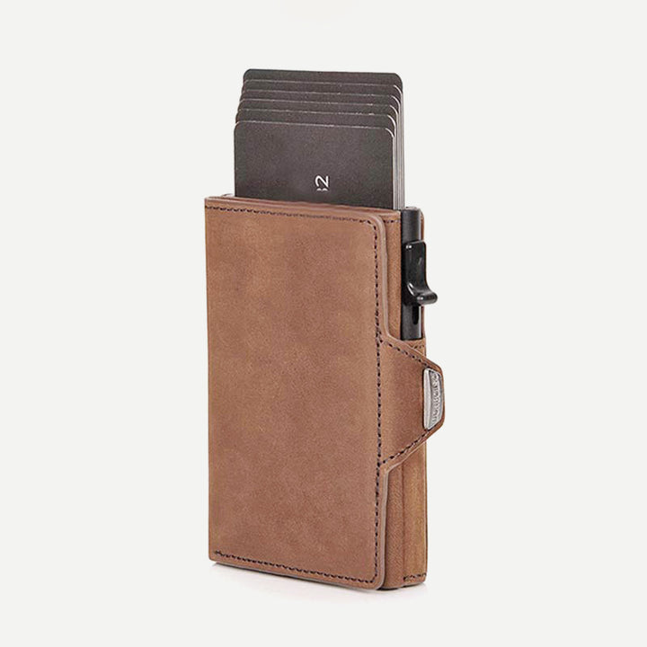 Minimalistische Geldbörse aus echtem Leder, dreifach faltbar, Pop-Up-Kartenhalter mit RFID-Blockierung