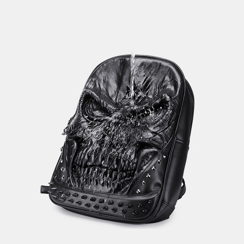 3D Totenkopf Punk Nieten Leder Rucksack Wasserdicht Geprägte Geister Kopf Knapsack